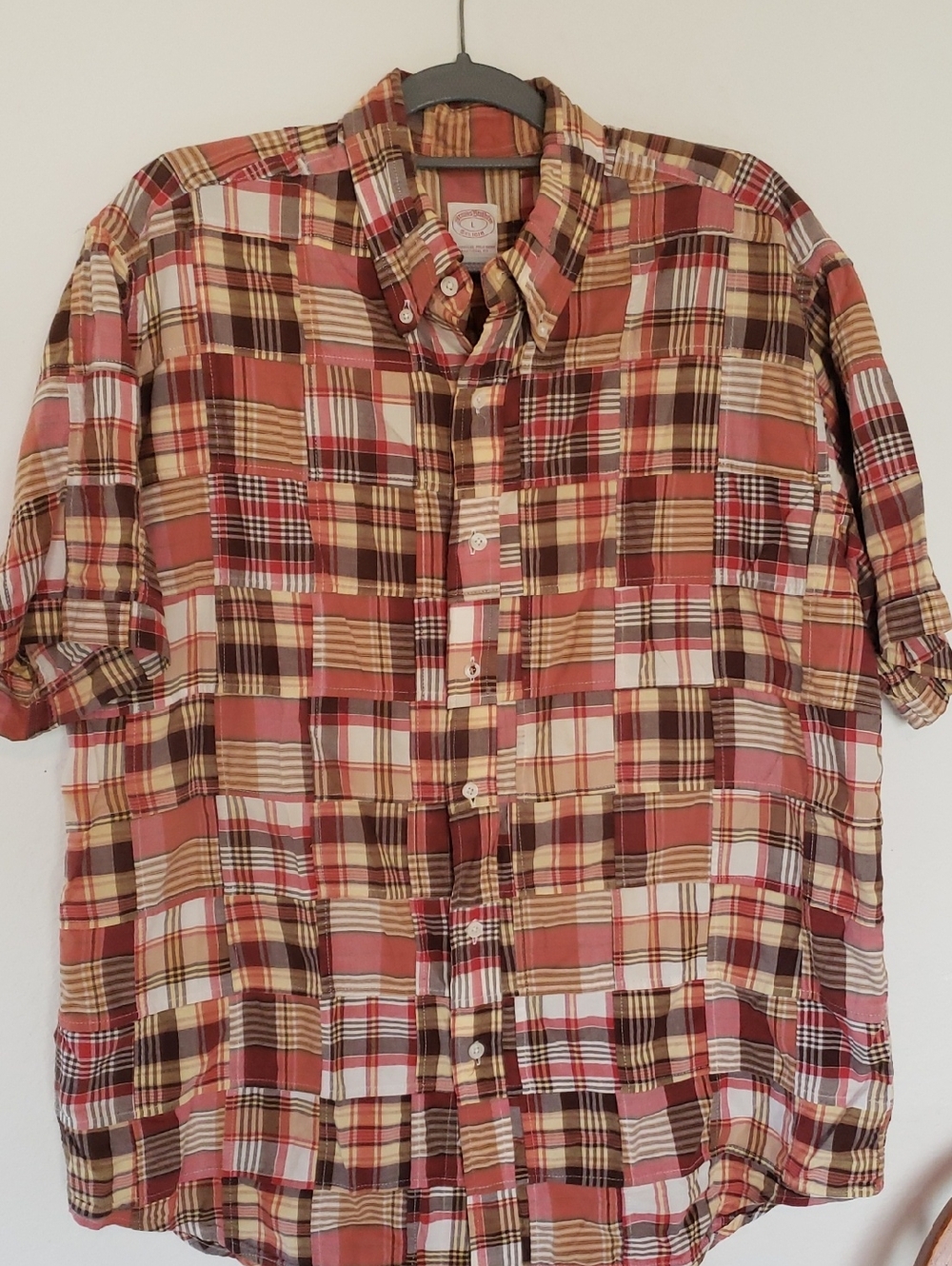 Brooks Brothers Unique Patchwork Madra Plaid Men L Short Sleeve Button Down